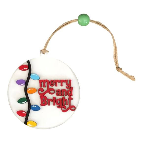 Whimsical  Red “Merry and Bright” Branch With Lights Ornament Hand Painted Wood - Picture 3 of 9